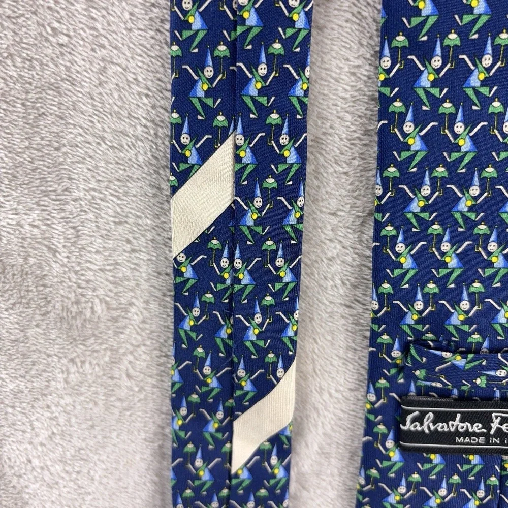 Salvatore‎ Ferragamo Necktie Mens Blue Novelty Golf Print Italy Silk Luxury